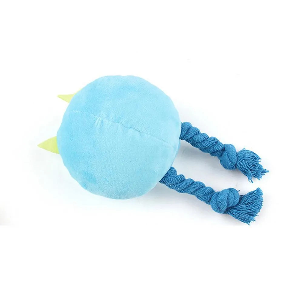 Blue cotton rope dog squeaky toy with strong knot design and cartoon animal shape