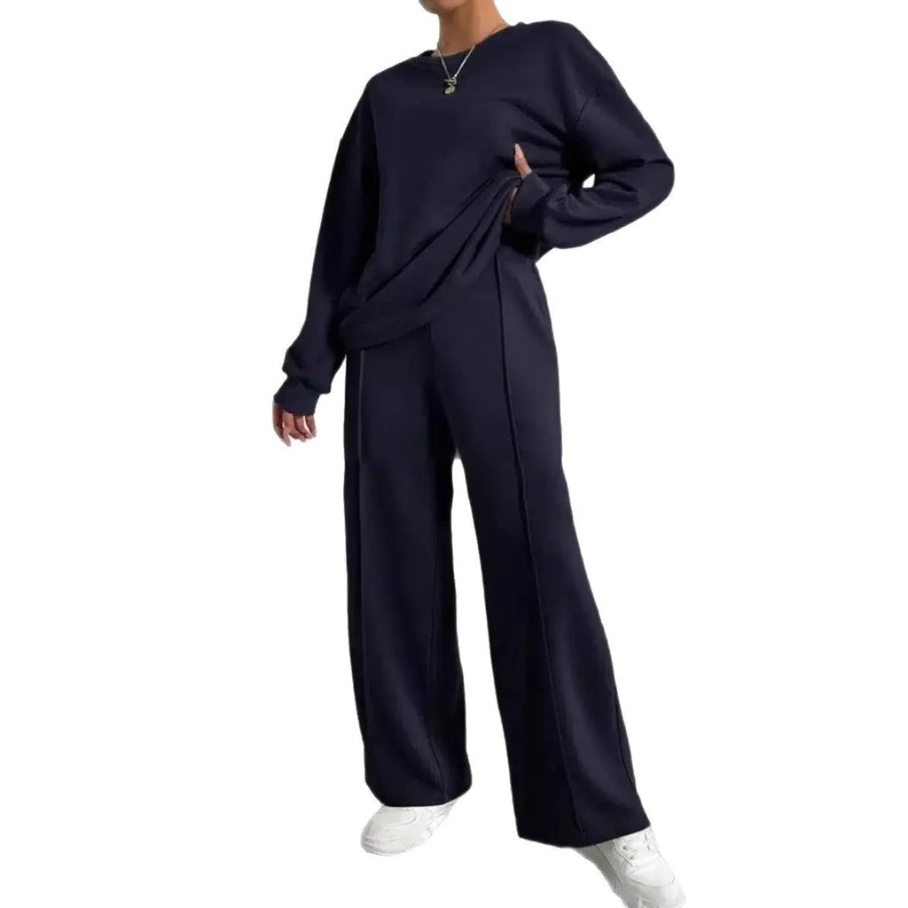 Women's cotton blend casual trousers twinset in solid colour with long sleeves crew neck top, six colours available