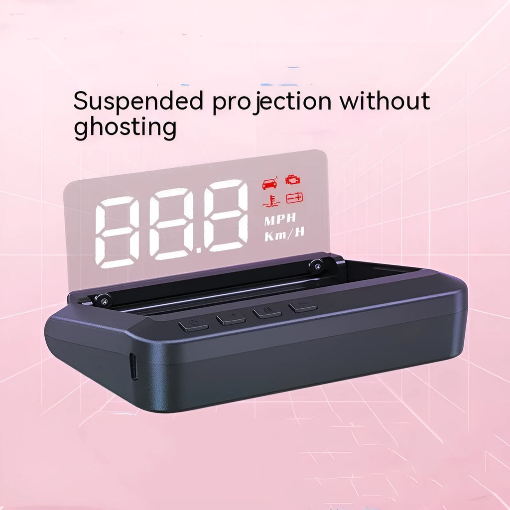 Black car head up display unit with 2.0 inch screen, showing OBD connection cable.