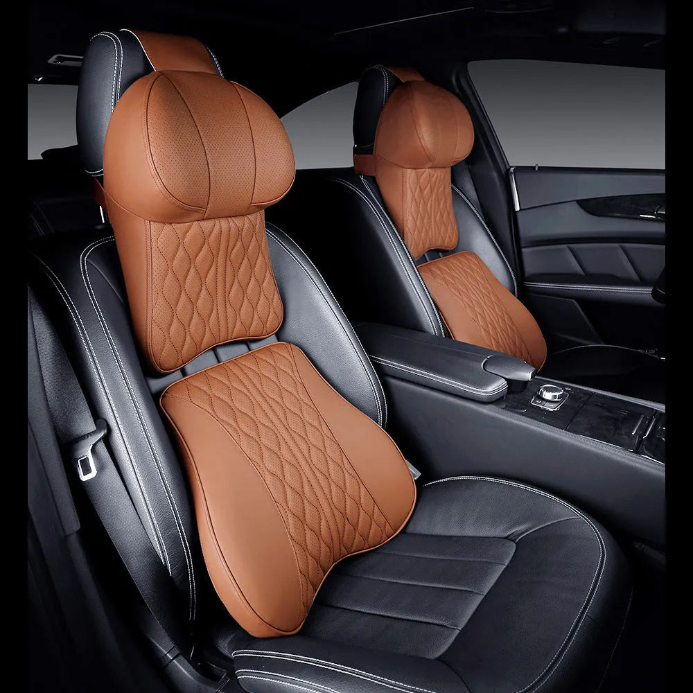 Car neck pillow and lumbar support cushion set with wavy pattern embroidery in leather-look polyester