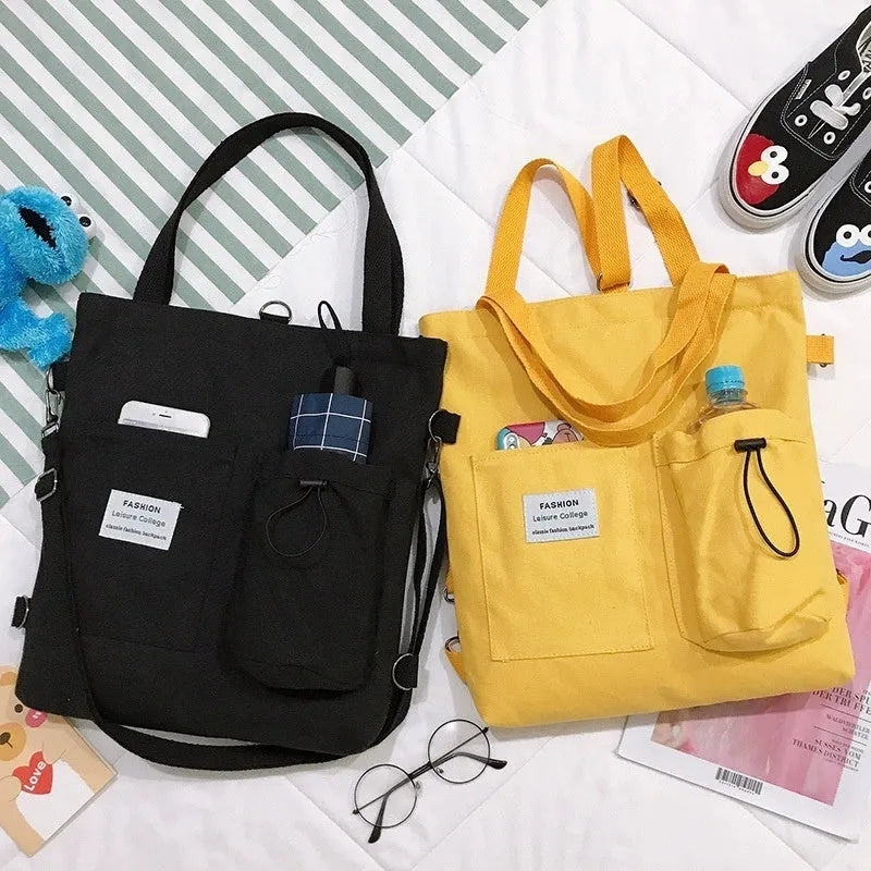 Canvas backpack for women students with pockets Harajuku style shoulder bag