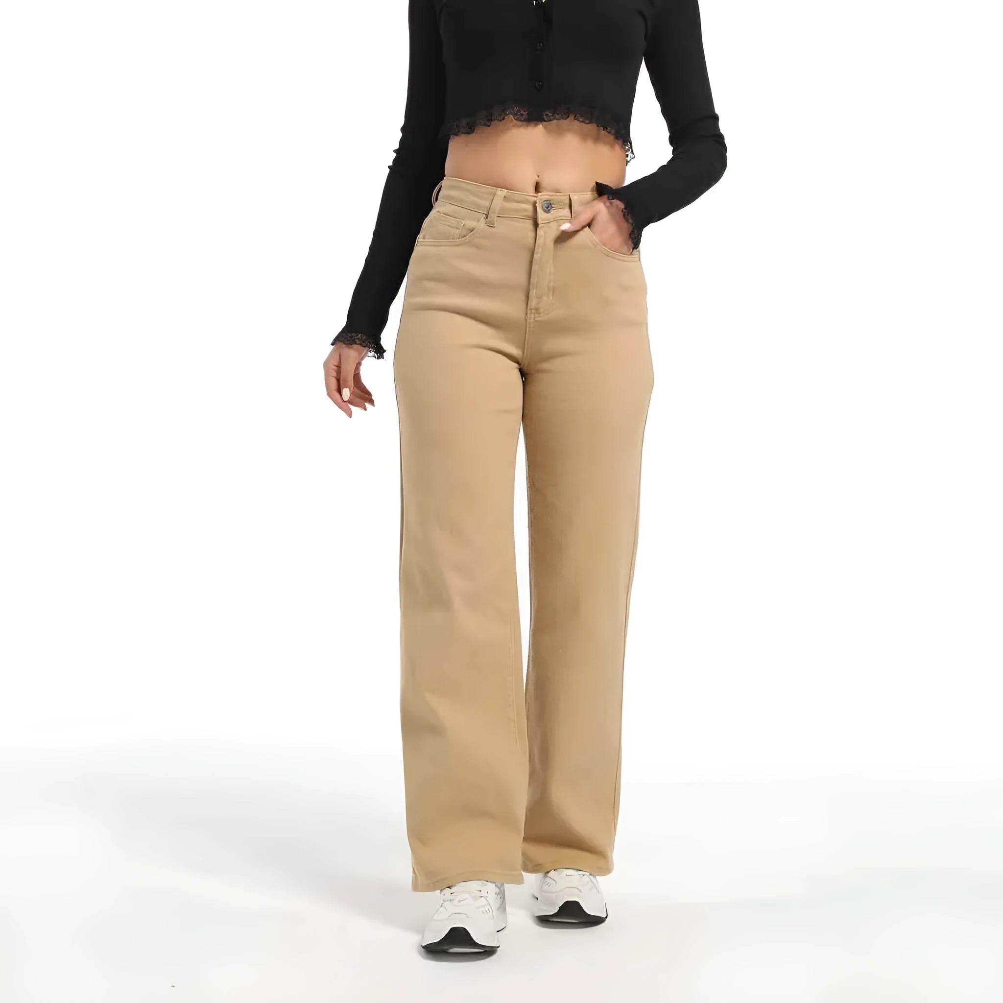 Women's high-waist wide-leg straight jeans in apricot colour, made from cotton.