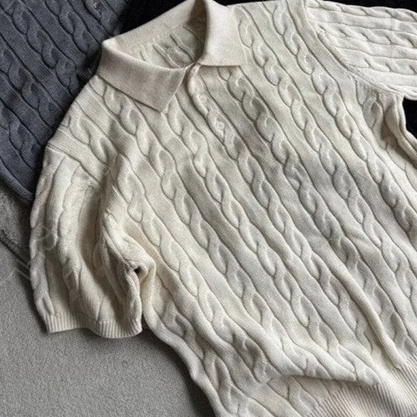 Grey knitted cotton summer T-shirt with short sleeves in youth style