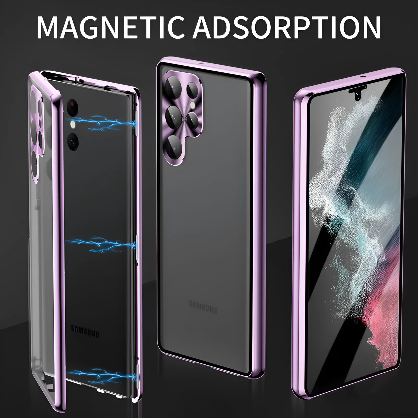 Metal magnetic phone case with peep-proof mirror for Samsung Galaxy S24 Ultra in multiple colour options.
