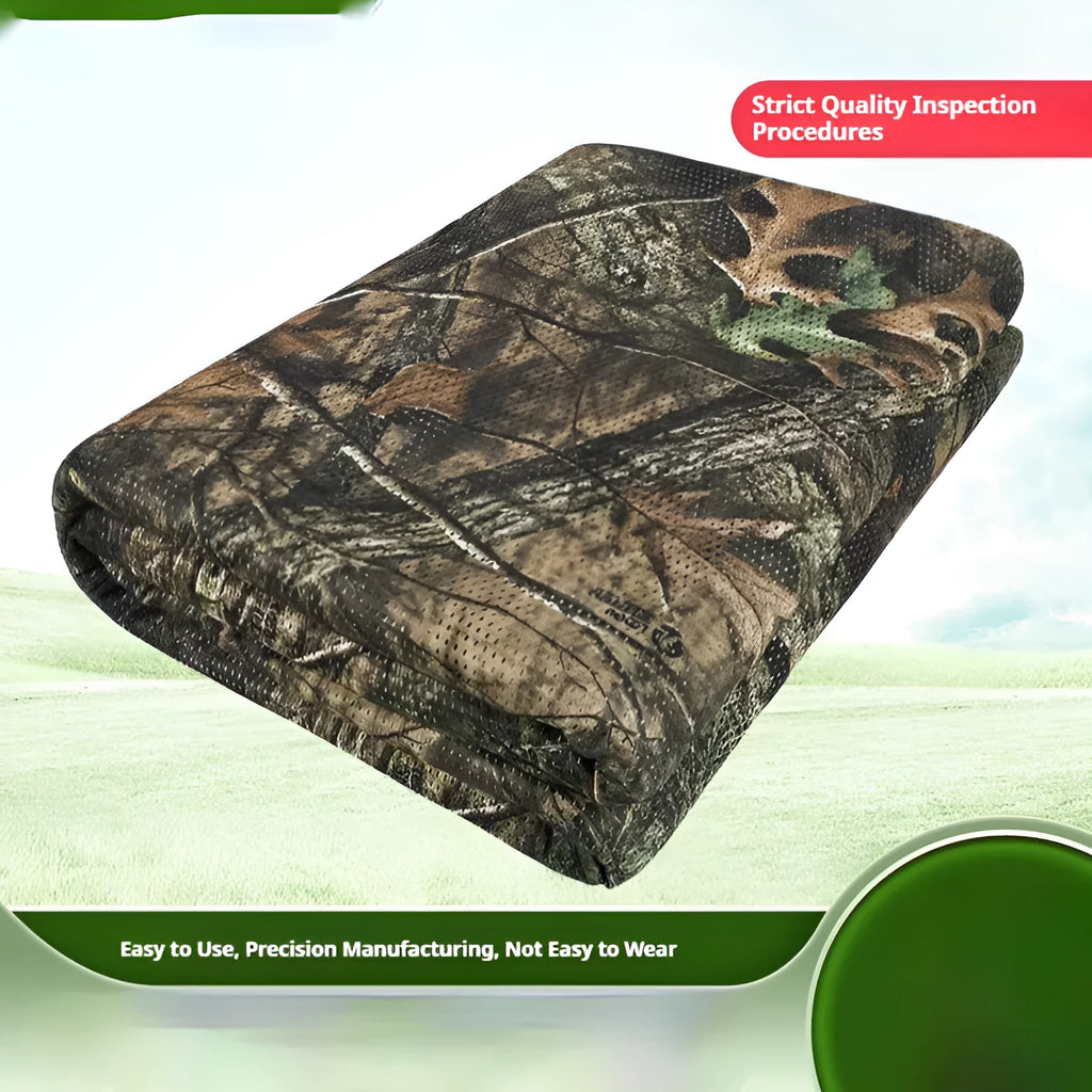Polyester camouflage mesh fabric with square jacquard weave, six-side rhombus pattern, in bionic tree camouflage.