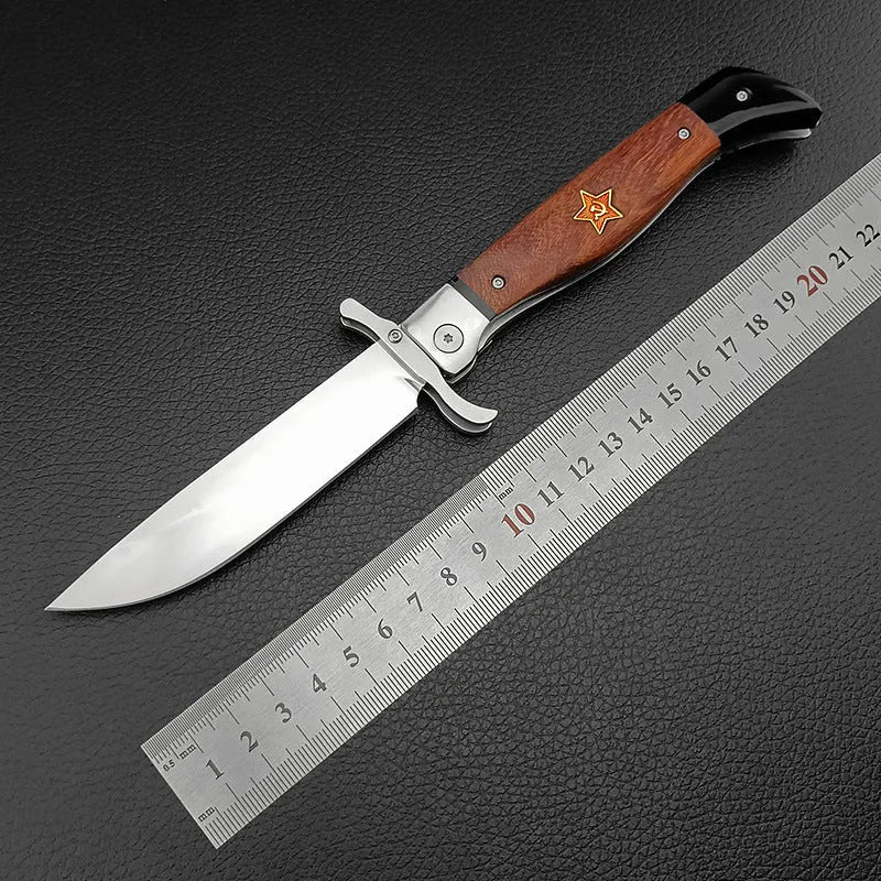 Multi-function folding camping knife with 440C blade, sandal wood handle, and cowhide sheath, 25.2cm total length
