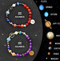 Set of two natural stone zodiac bracelets with 8mm gemstone beads on black elastic cord.