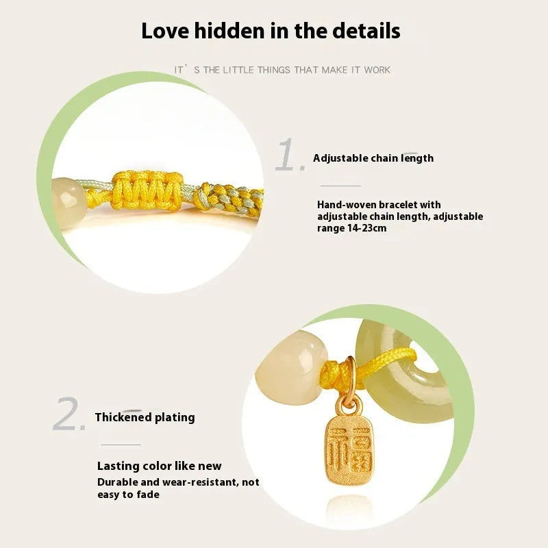Woven bracelet with a natural Hetian jade flower charm and safety buckle in maple leaf yellow.