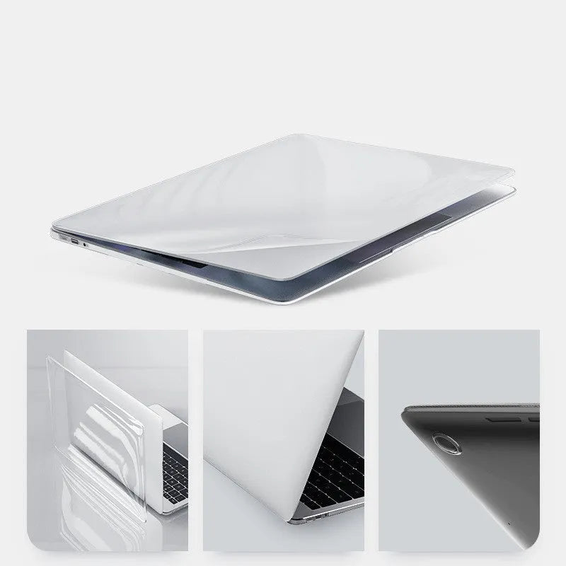 Black and transparent PC hard shell protective cases for MacBook Pro 14-inch and 16-inch laptops.