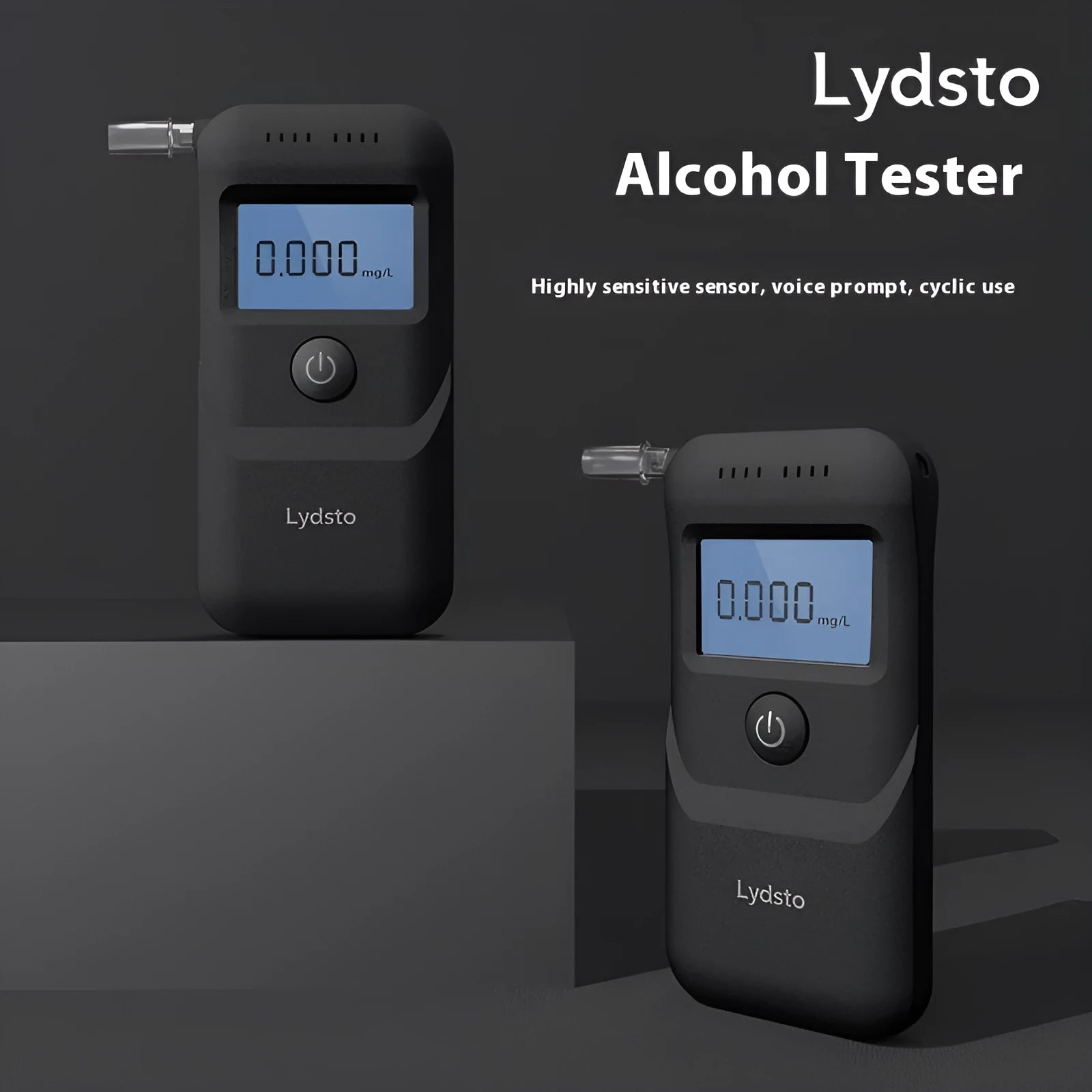 Black portable digital breath alcohol tester on a white background