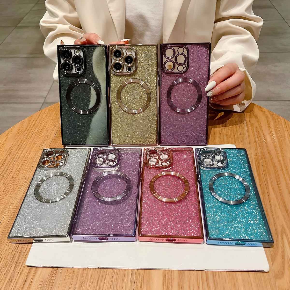 Square electroplated transparent solid colour magnetic phone case for iPhone, TPU PC, fall protection