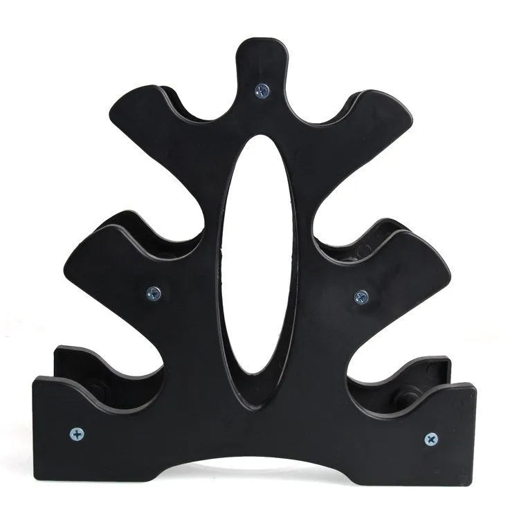 White PVC dumbbell rack fitness stand on gym floor, removable bracket for weight storage.