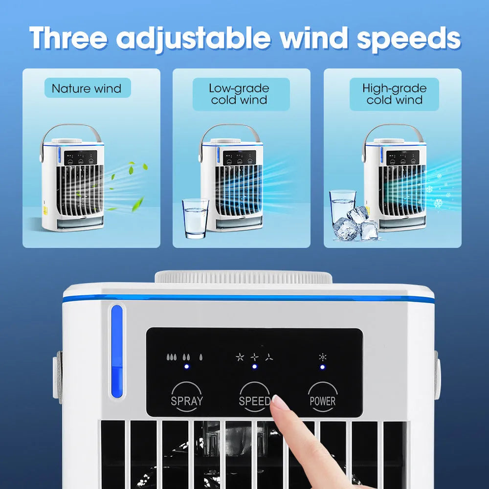 Mini USB air cooler with humidification spray fan on a desk with 3 speed modes and bladeless design