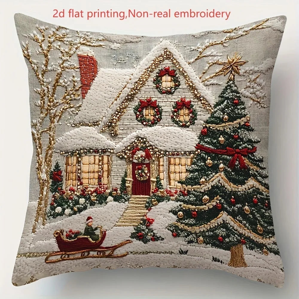 Christmas linen cushion cover with cartoon elk and rabbit pattern in modern simplicity style, 45x45cm