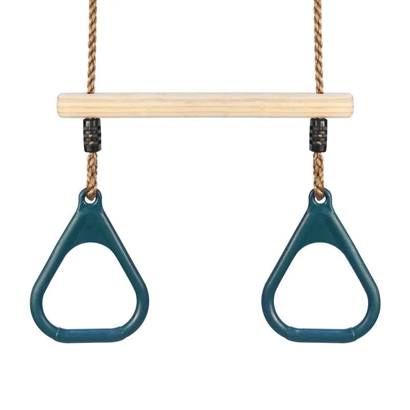 Children's horizontal bar with wooden ring swing in green, 57.5x169 cm, for indoor outdoor arm exercise