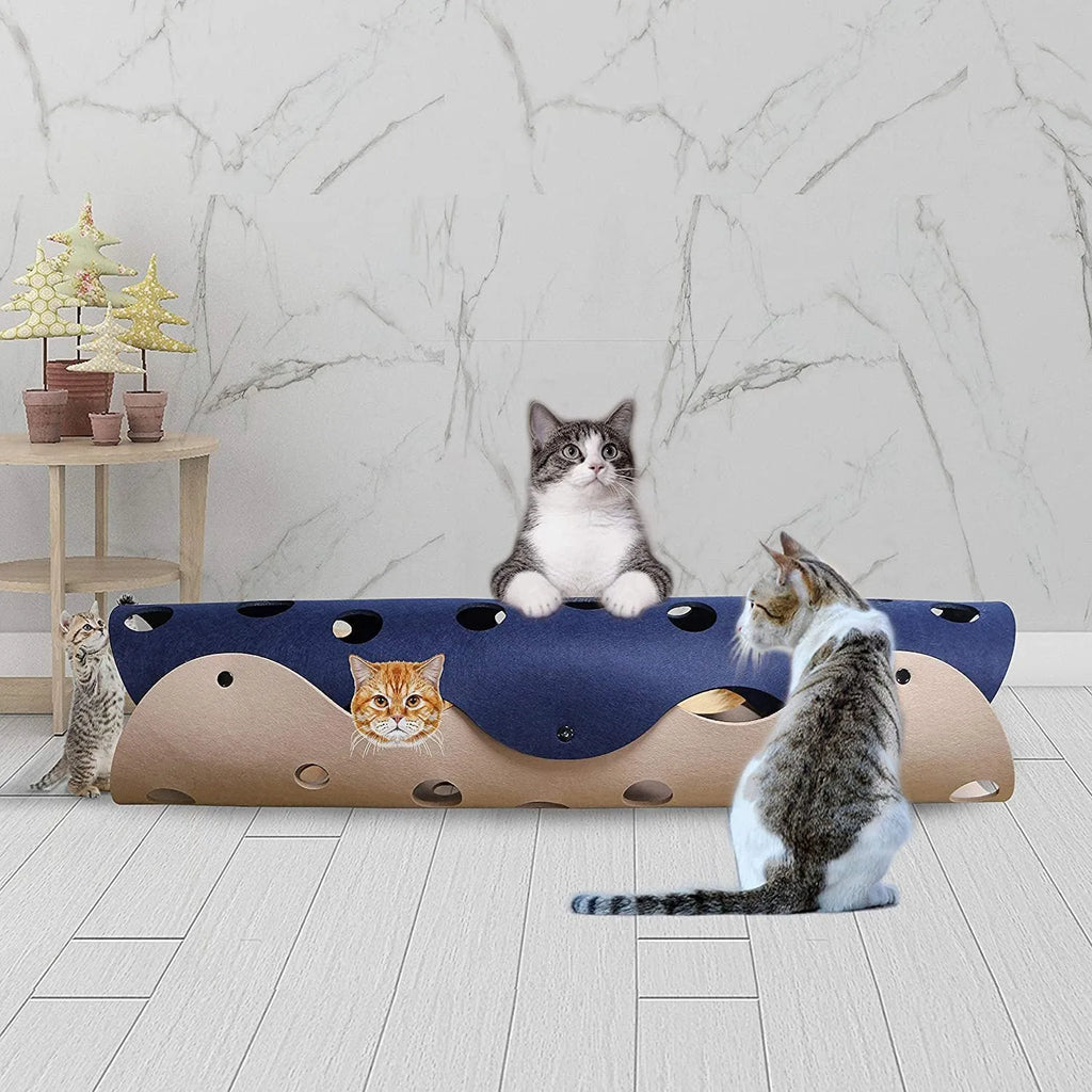 Felt cat tunnel toy 92 x 22 cm deformable kitten nest with peepholes in two-tone colour