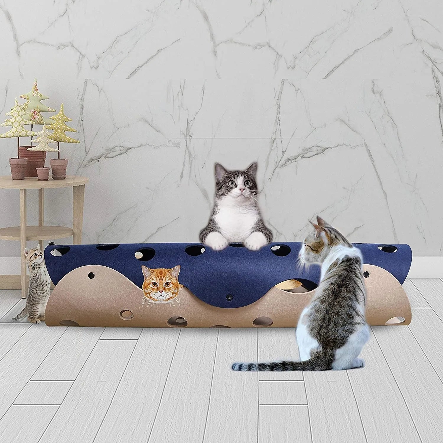 Felt cat tunnel toy 92 x 22 cm deformable kitten nest with peepholes in two-tone colour