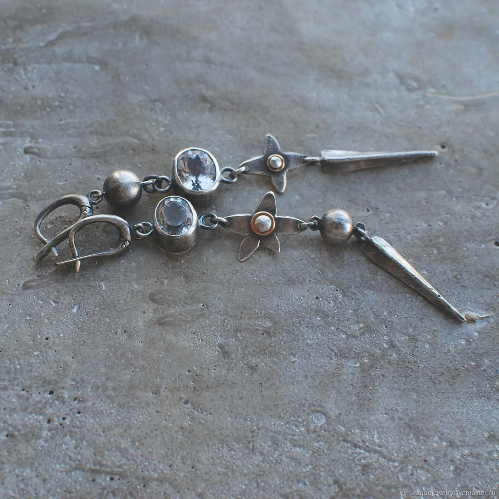 Antique silver geometric XINGX pendant earrings with rhinestone detailing