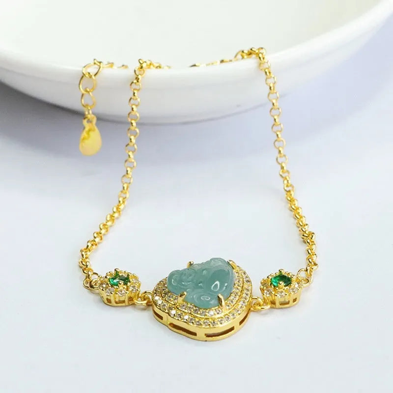 Emerald blue water Maitreya Buddha jade bracelet with 10x13mm beads for women