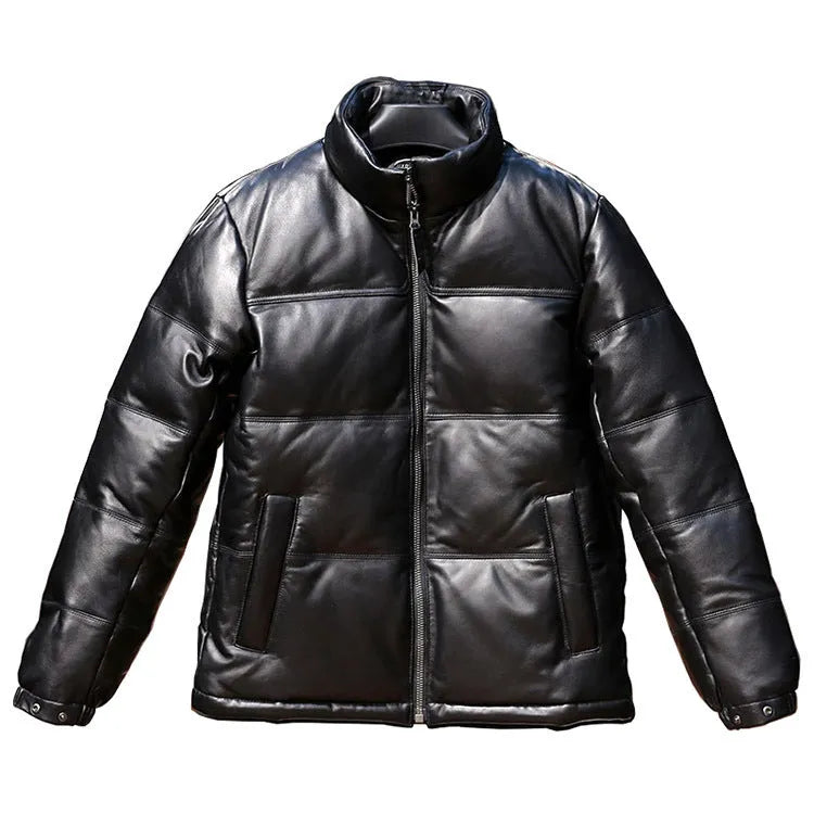 Men's black sheepskin down leather jacket with stand collar and pocket decoration