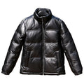 Men's black sheepskin down leather jacket with stand collar and pocket decoration