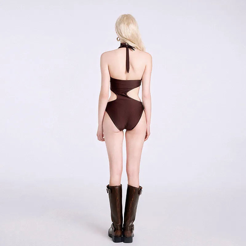 Dark brown one-piece swimsuit for girls with sleeveless design
