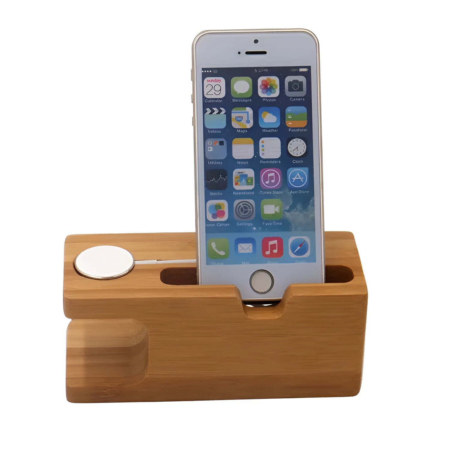 Bamboo desk stand holding a watch and smartphone on an office desk