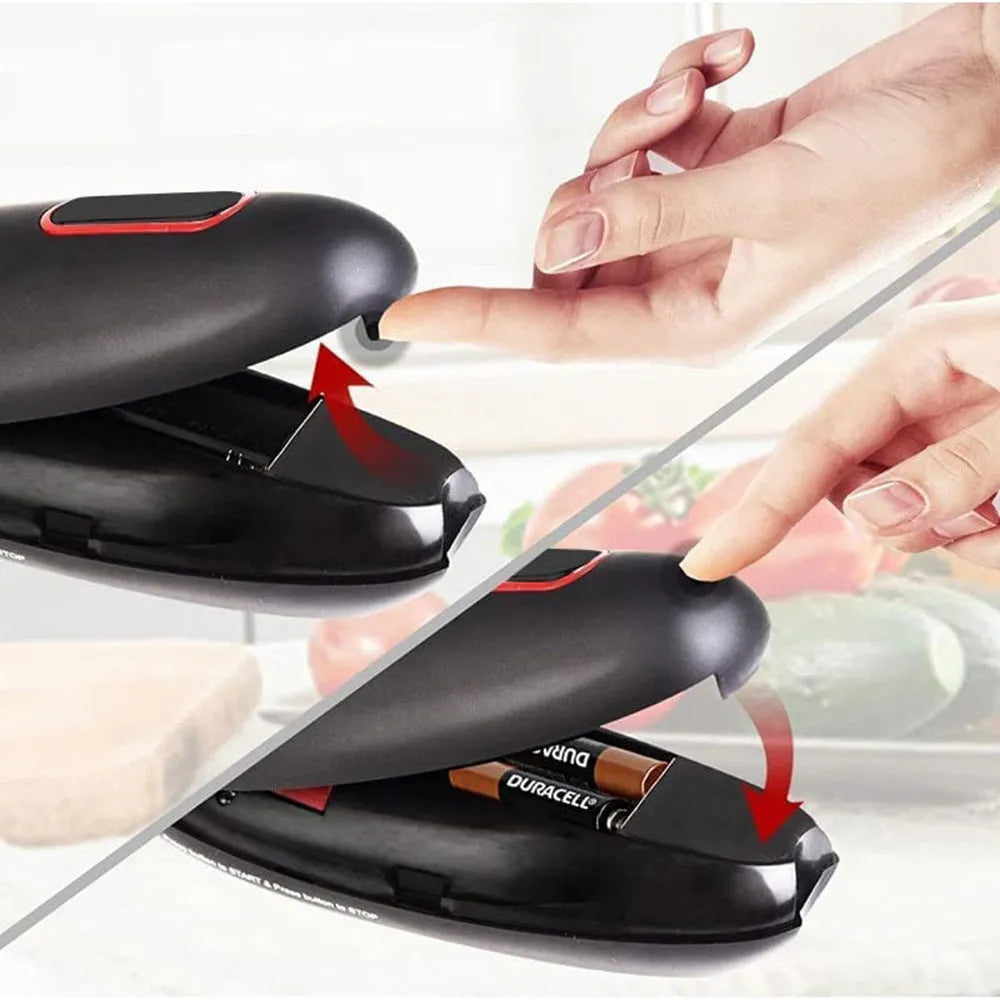 Black electric can opener with plastic construction for one-touch opening of cans, jars and bottles