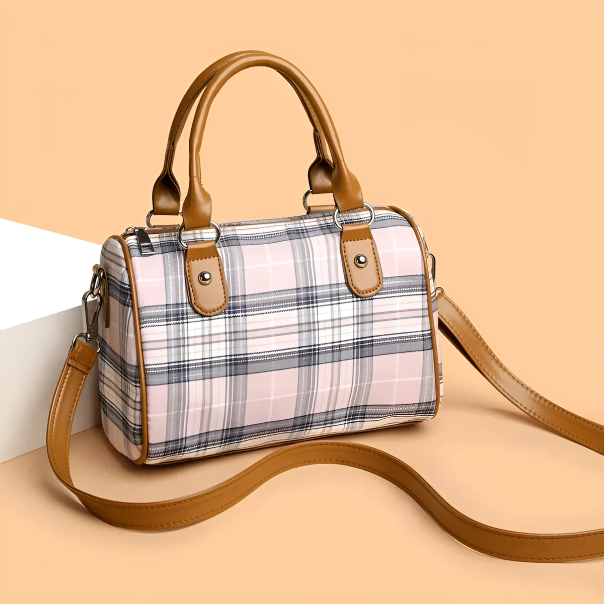 Plaid academy style round barrel canvas shoulder bag with three-dimensional pocket, available in blue plaid.
