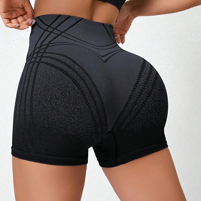 Women's high waisted gradient fitness shorts in black colour for yoga and running