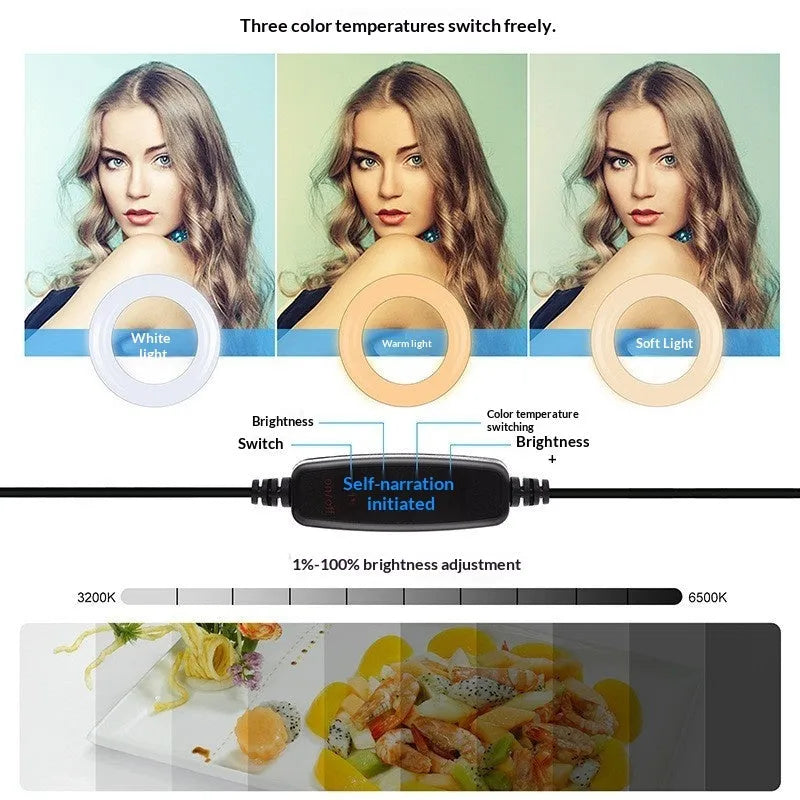 26cm desktop continuous ring light with strong clip, USB powered, 3200-5600K colour temperature, CRI above 95