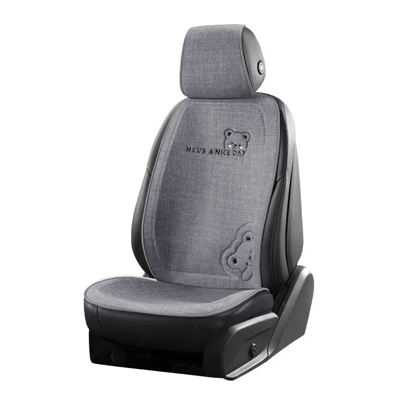 Car cushion set with headrest and lumbar support in cure bear linen fabric