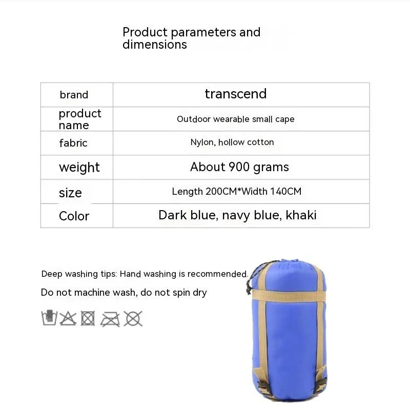 Army Green adult wearable cloak sleeping bag converts to 200x140cm blanket for outdoor camping use
