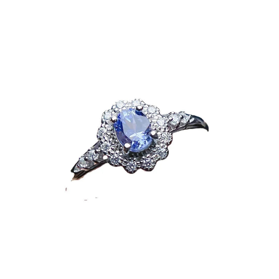 Natural tanzanite ring S925 silver adjustable open shank polished finish