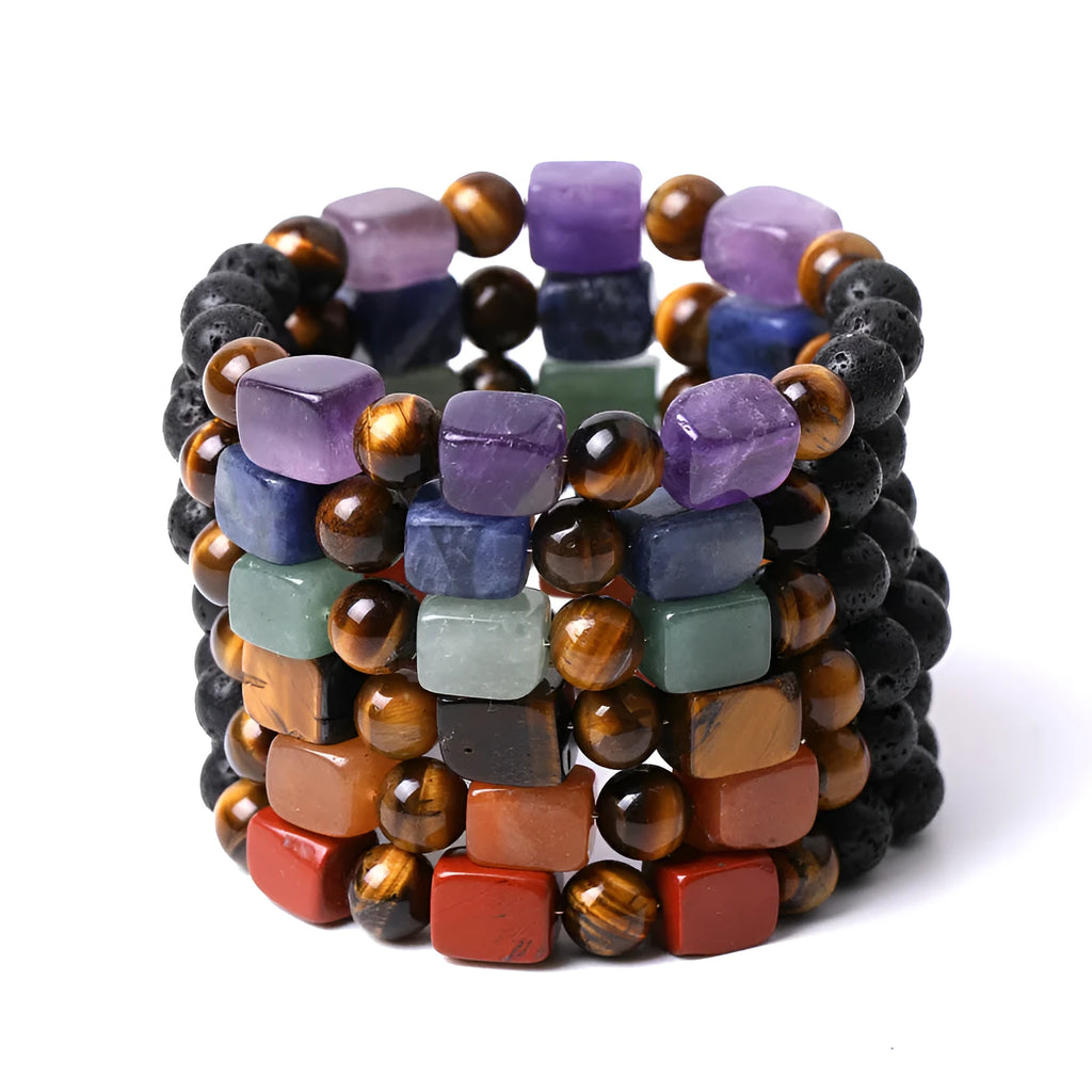 Square amethyst volcanic stone bracelet with rectangular blue stones on wrist