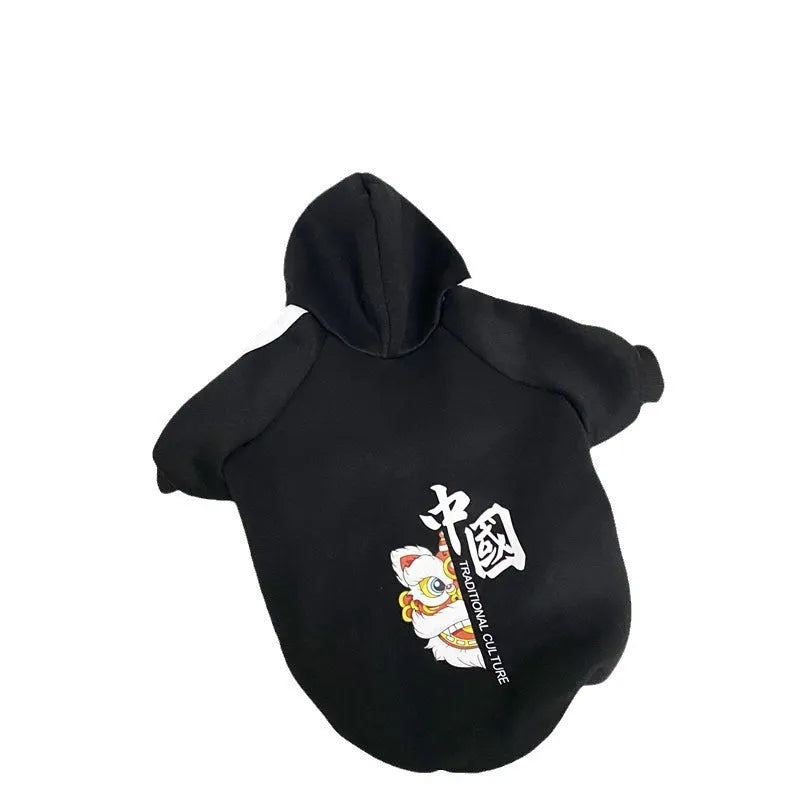 Cartoon-style polyester dog jumper in red, black or yellow, sizes XS to 4XL for autumn and winter