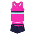 Girls' two-piece blue swimsuit with chest pad top and split boxer shorts laid flat.