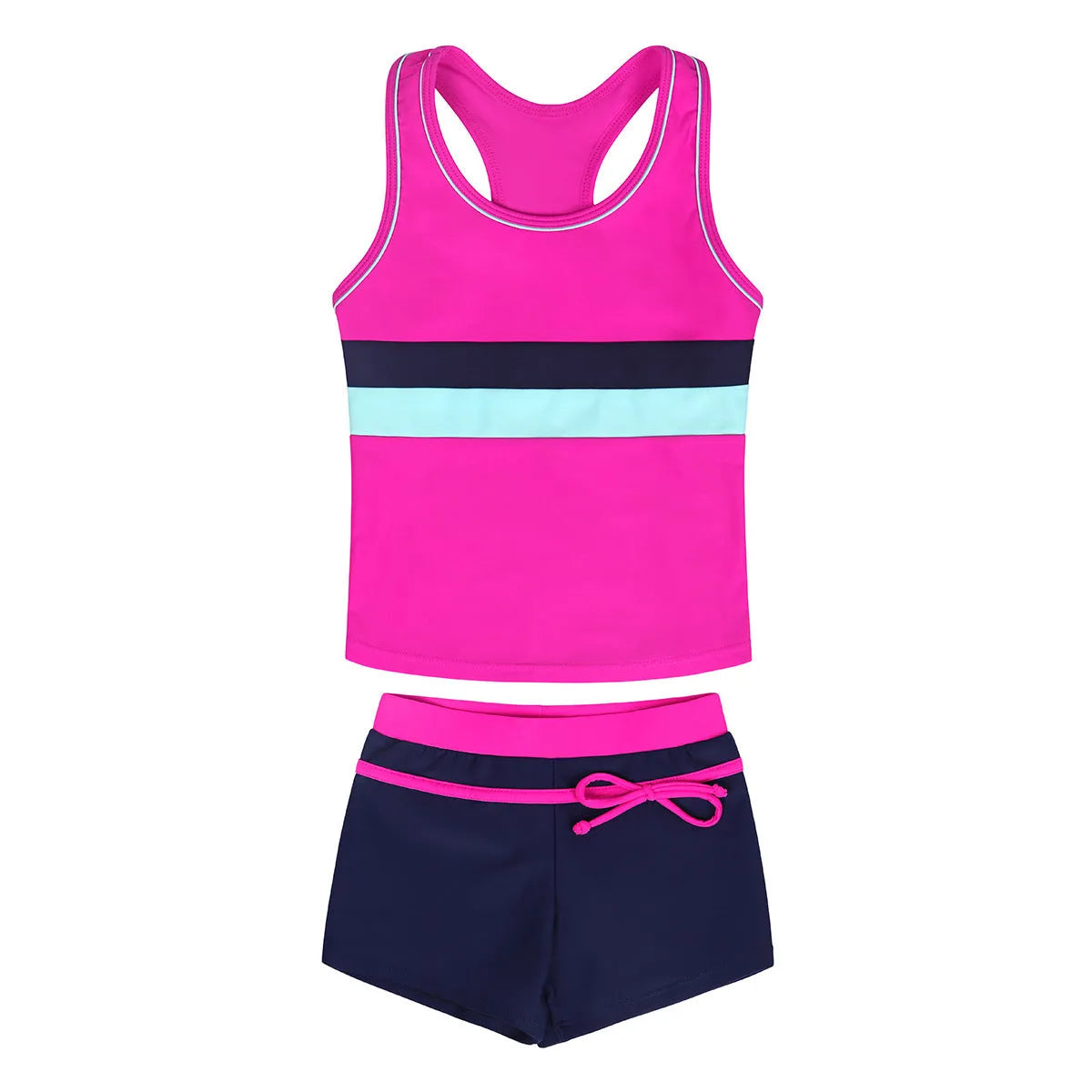 Girls' two-piece blue swimsuit with chest pad top and split boxer shorts laid flat.
