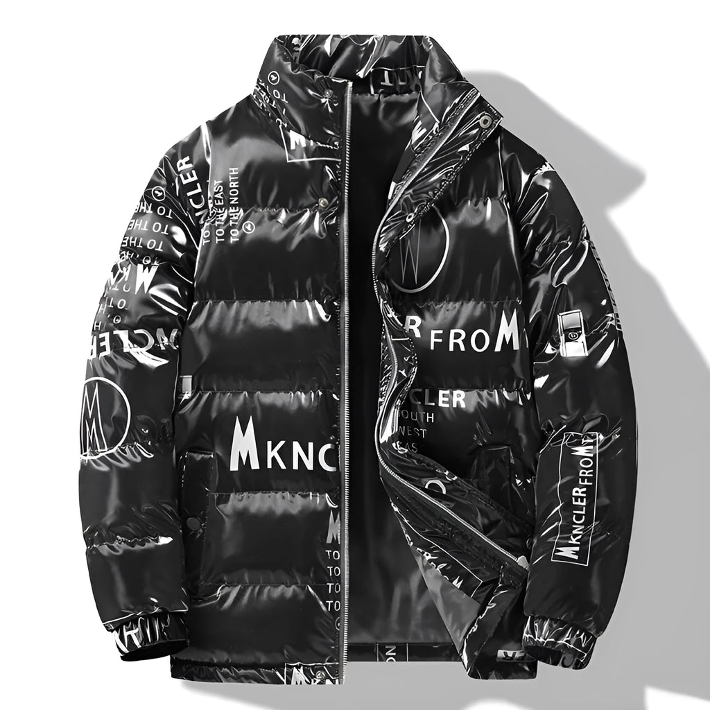 Men's printed winter coat in black with slit pockets