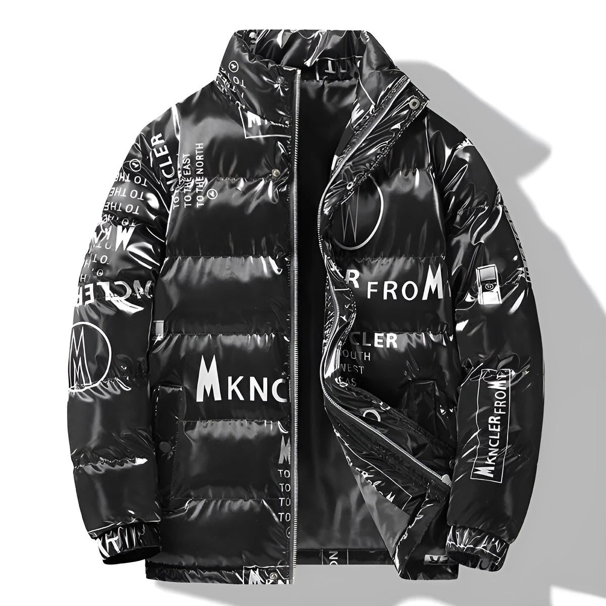 Men's printed winter coat in black with slit pockets