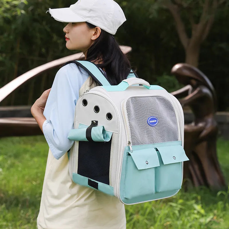 Portable breathable pet backpack in solid colour Oxford cloth with medium soft hardness for pet travel.