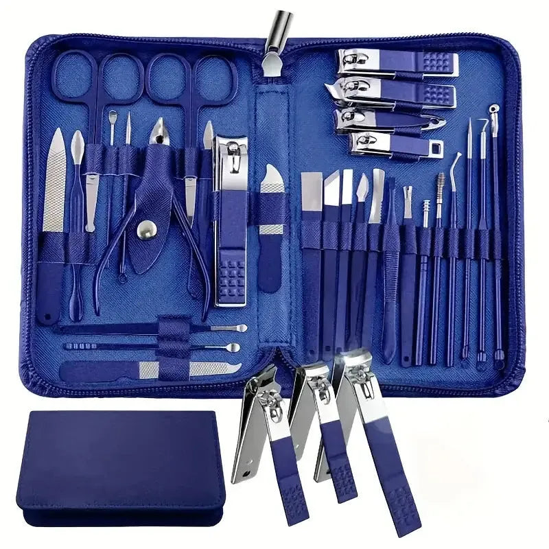 30-piece stainless steel nail beauty tool set in five colour options showing various manicure implements
