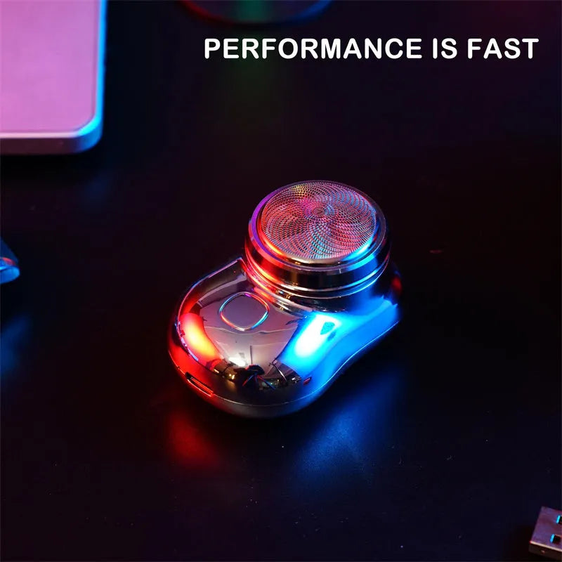 Mini portable USB rechargeable electric shaver with rotary 1-blade head, aluminium body, silver colour, wet and dry use