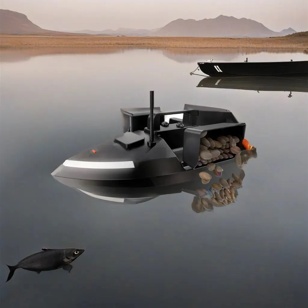 V020 GPS remote control fishing boat with LED lights on water, showing handbag and remote.