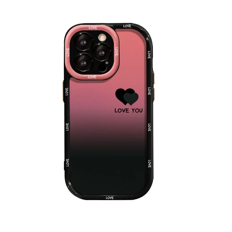 Acrylic iPhone case with fine hole pattern showing gradient love heart design on black background