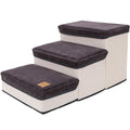 Foldable pet dog stairs in brown flannel and cotton with a cloth storage box on a wooden floor