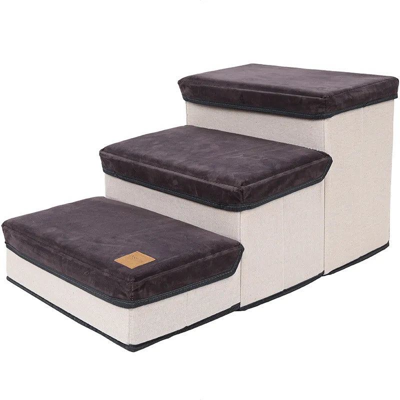 Foldable pet dog stairs in brown flannel and cotton with a cloth storage box on a wooden floor