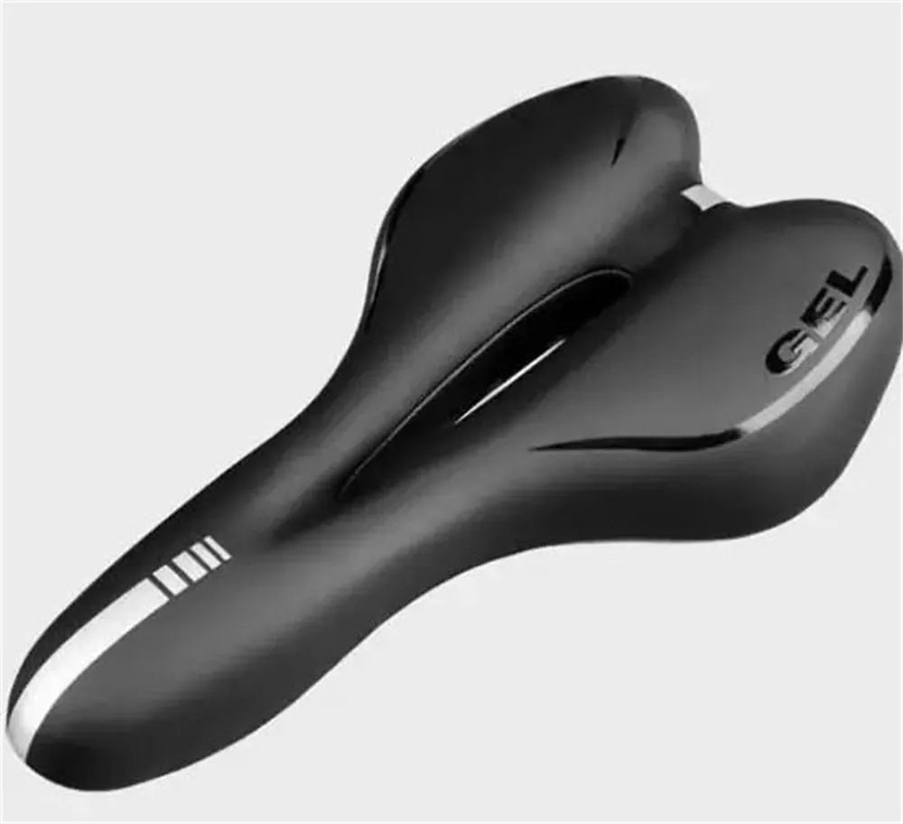 Universal bicycle saddle with grey PU leather top, shown alongside a waterproof cover, a silver 6mm wrench, and a box of tyre patches.