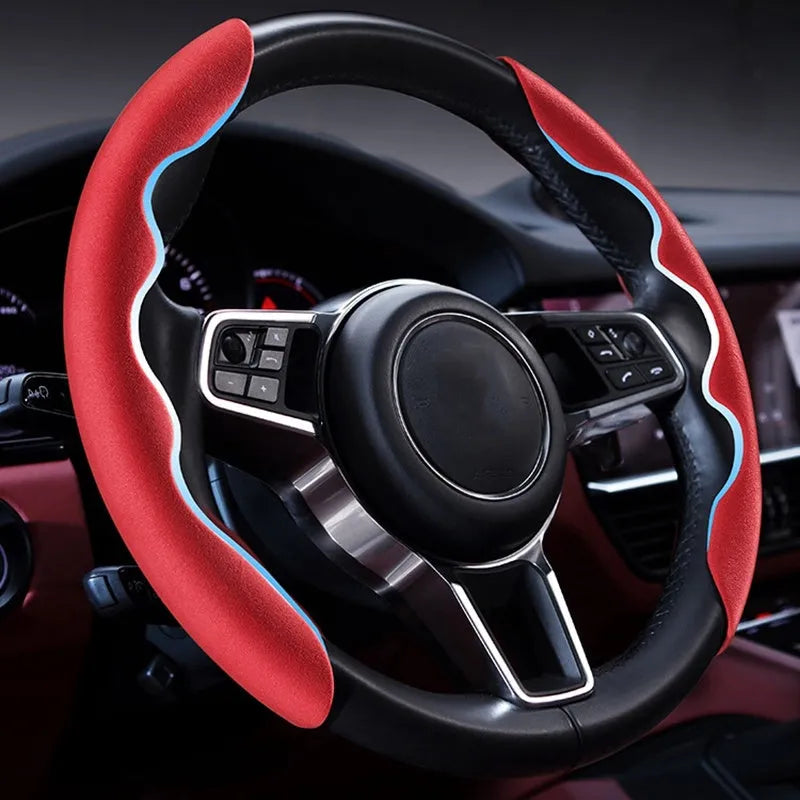 Two plush suede car steering wheel covers in black and red, 38cm diameter, sports style for GM models