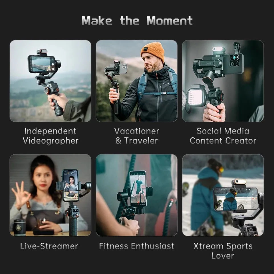 Black three-axis smartphone stabiliser with AI fill light attached, shown with tripod and accessories